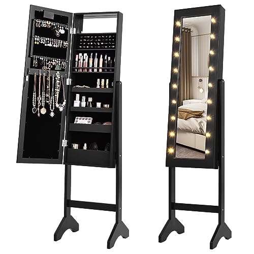 LOKO Jewelry Armoire with 18 LED Lights, Freestanding Jewelry Organizer with Full-length Mirror, Large Storage Mirrored Jewelry Cabinet with 16 Lipstick Holders, for Bedroom, Dressing Room (Black)