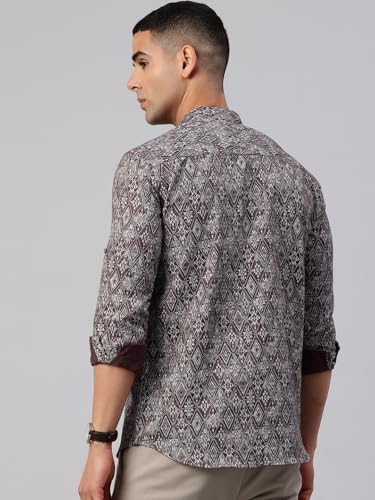 Image of Majestic Man Men's Pure Cotton Printed Mandarin Collar Regular Fit Roll-Up Sleeves Short Kurta