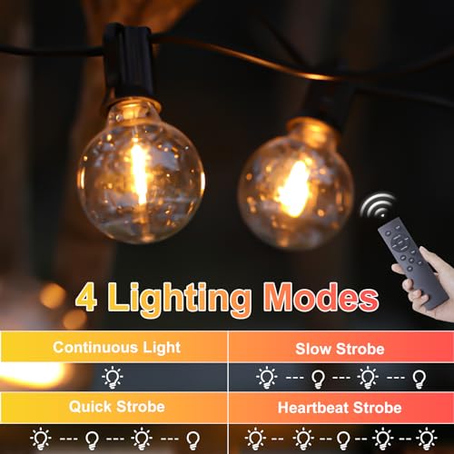 Quntis Solar String Lights Outdoor Waterproof with Remote 4 Light Mode, 106ft 50+3 Bulbs Type-C & Solar Powered G40 LED String Lights with Dimming, Shatterproof Hanging Lights for Backyard Decor