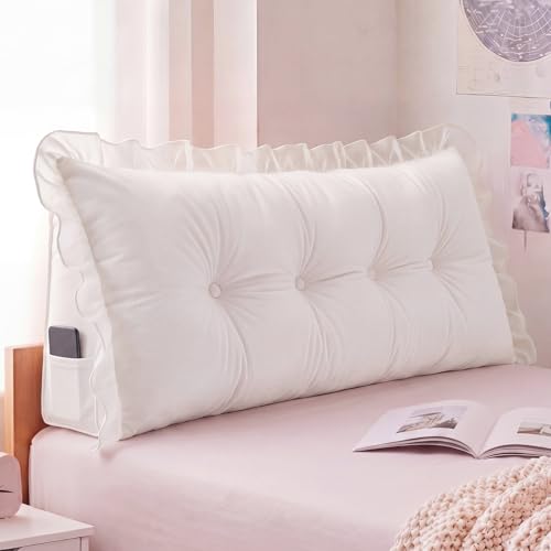 Leinuosen 39 in Ruffle Headboard Pillow for Dorm Twin XL College Bed Reading Bolster Dorm Velvet Triangular Bed Backrest Pillow Cushion for College Reading Support(White)