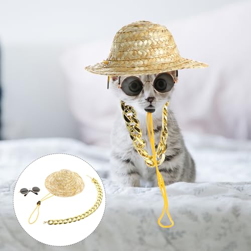 Sombrero de paja y collar para perros SEWACC, 3 piezas miniatura 3