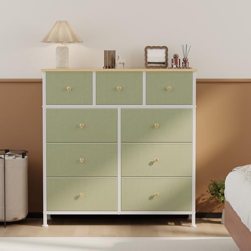 Image of OLIXIS 9 Drawer Tall Dresser for Bedroom, Closet Organizers and Storage | Fabric Dresser with Wooden Top, Chest of Drawers for Clothes Storage, Tower Cabinet, Furniture, TV Stand, Light Green