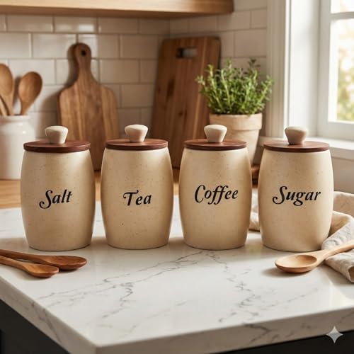 Image of Ceramic Tea Coffee Sugar Salt Containers Set of 4 with Wooden Lids | Jar & Container for Kitchen Storage Set | Multi Utility Air Tight Kitchen Organizer Items (Hand-Painted, 400 ML)