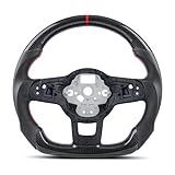 Real Carbon Fiber Steering Wheel for Volkswagen VW Golf GTI R-LINE MK7 MK7.5 2015-2021, Jetta GLI 16-21, Track Style Red Stitching Flat Bottom Sport Grip Replacement, Compatible with Auto & Manual