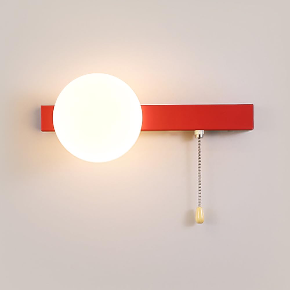 RXPVUXE Red Modern Wall Sconces Modern Globe Wall Lamp with Pull Switch And Milk White Acrylic Shade, G9 Hardwired Metal Wall Sconce Nordic Bedroom Bedside Living Room Decor Lighting Fixture