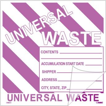 NMC National Marker Corp. HW31SL25 Self-Laminating Labels, Universal Waste W/Purple Stripes, 6 Inch X 6 Inch, PS Vinyl, 25/Pk