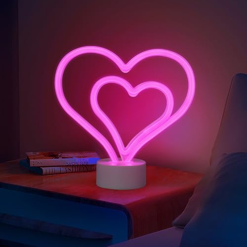 Pink Neon Lights for Bedroom - Cute Heart Neon Sign for Home Room Table&Desk&Tabletop Decor,Battery Powered Lighted Up Decoration for Teen Girls Women,Heart Shaped LED Night Lamp,Wedding, Party Gifts