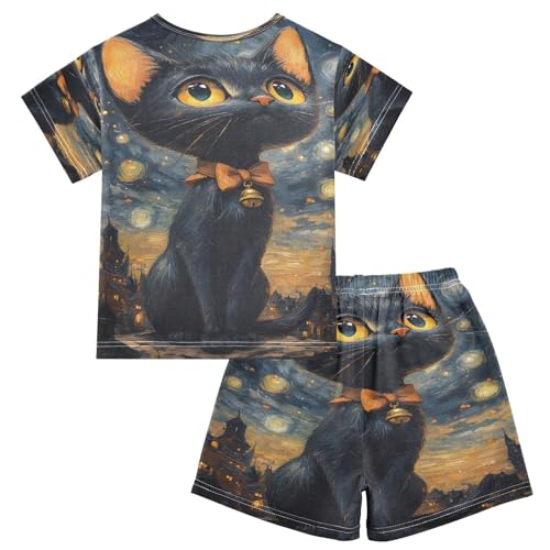 ALAZA Cat Sky Galaxy Nebula Van Gogh Pajamas Set Short Sleeve Cotton Sleepwear Summer Pjs 2 Piece 5-14Y2