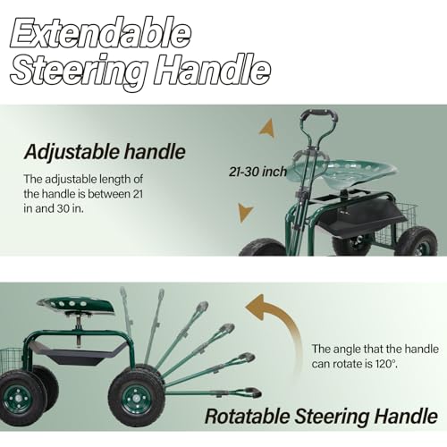 BESTHLS Garden Cart with Seat on Wheels Rolling Gardening Stool with Wheels Heavy Duty for Planting with 360 Degree Swivel Seat Steering Handle & Utility Tool Tray