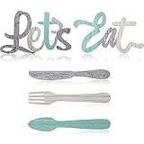 Jetec 5 Pcs Let's Eat Sign Kitchen Wall Decor Fork Spoon Knife Kitchen Decor Sign Rustic Farmhouse Wooden wall decorations for Home Dining Room Bar Cafe Restaurant(Gray, Beige, Green)