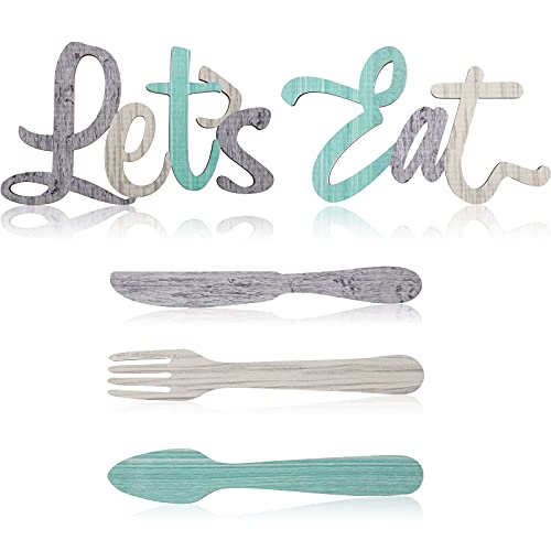 Jetec 5 Pieces Wooden Let's Eat Sign, Fork Spoon and Knife Wood Wall Decor, Rustic Kitchen Hanging Decoration, Cute Decoration for Home Dining Room Cafe Restaurant (Gray, Beige, Green)