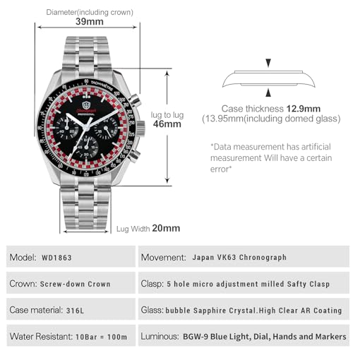 Image of watchdives WD1863 Men Chronograph Watch Japan VK63 Quartz Sports Watches 40mm Bubble Sapphire Crystal Wristwatch 100M Dive Watch