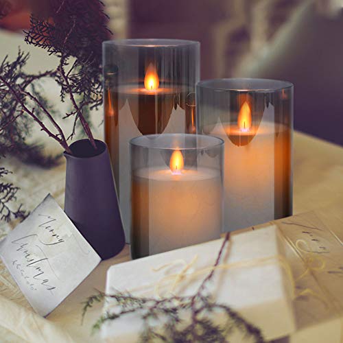 Led Flameless Candles, Battery Operated Real Pillar Wax Flickering Moving Wick Effect Grey Glass Candle Set for Home Decoration with Remote Control Cycling Timer, 4 inch, 5 inch, 6 inch, Pack of 3