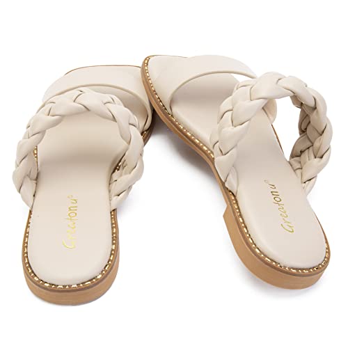 Greatonu Women's Braided Flat Sandals For Women Square Toe Dressy Summer Flat Sandals Slides Slip On Woven Sandals #TOP3