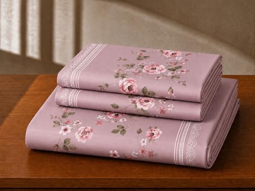 Image of Castiqa Elastic Fitted Supersoft Premium Polycotton 200TC King Size Bedsheets with 2 Pillow Covers (Fits Upto Mattress of 8Inches) (Rose, Full 72x78x8Inch)