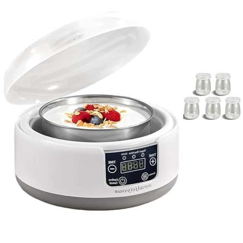 Yogurtera multifunción totalmente automática de 15 W con pantalla LED y temporizador, tiempo y temperatura ajustables, 5 tarros, perfecto para yogur, nato, vino de arroz