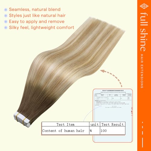 Image of Full Shine Hair Extensions Tape In, 20 Inch Brown Root Blonde | 50g 20PCS, Double Sided Tape in Extensions, Invisible Seamless Skin Weft, Vacation Special Event Comfortable Wear