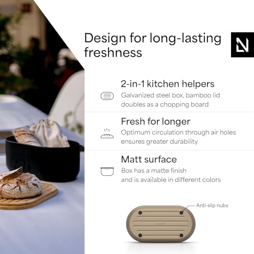 Image of LARS NYSOM Bread Box I Metal bread box for long lasting freshness with non-slip pads I Baked goods Bin with bamboo lid usable as cutting board I 13.6x7.3x6.2in (Taupe Brown)
