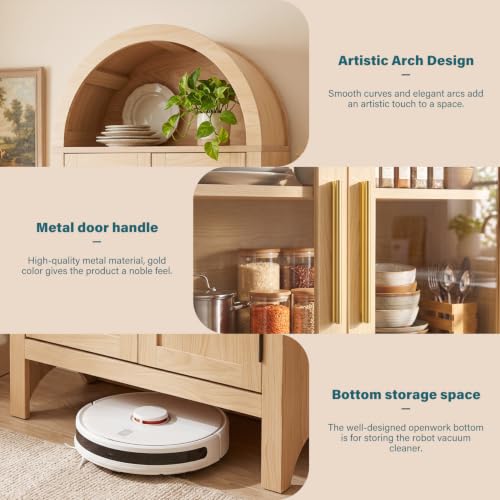 Image of Arched Storage Cabinet with 2 Doors and 5-Tier Shelves for Living Room, 71 inch Tall Wooden Pantry Cabinet for Dining Room and Kitchen, Floor Bathroom Organizer, Natural Wood Color