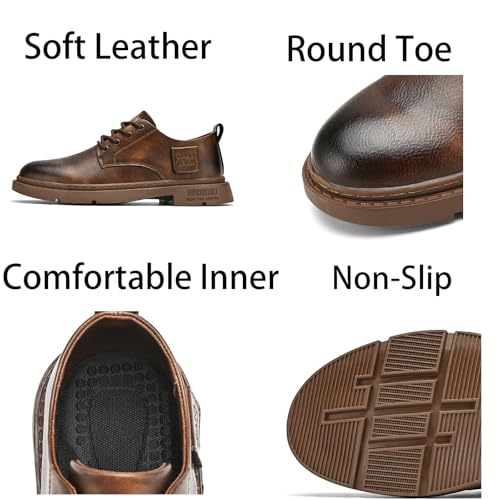 Mens Retro Leather Lace-Up Dress Oxfords Shoes Round Toe Non Slip Low Top Chunky Heels Casual Derby Shoes for Walking Outdoor Driving4