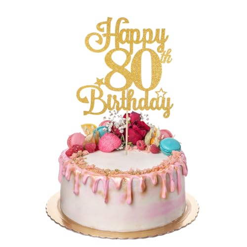 ZEYIYER Gold 80th Cake Toppers Happy 80th Birthday Cake Decorations for Women 80 Years Old Cakes Pick for Party Supplies