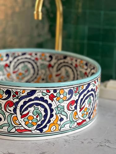 MIRATILE Handmade Countertop Ceramic Wash Basin Sink, Floral Sink Bowl, Hand Painted Above Counter Vanity Vessel Sink, Farmhouse Bathroom Ceramic Basin with 2 Gifts (8"= 20cm)