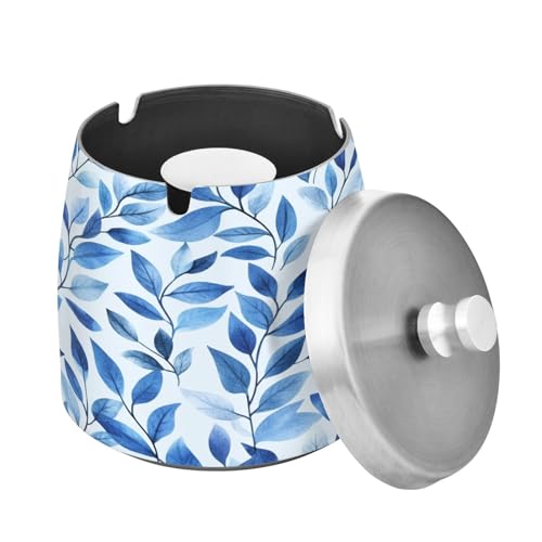 Ewusp Cenicero de hojas azules para interiores y exteriores, resistente al viento, a prueba de olores, cenicero de acero inoxidable con tapa, cenicero de escritorio para fumar, cenicero de cigarrillos