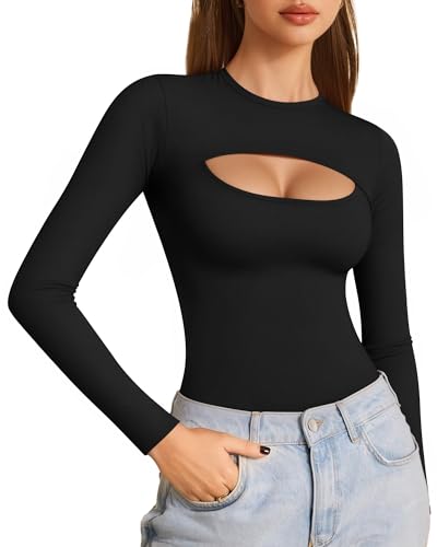 ALGALAROUND Women's Cutout Tops Basic Long Sleeve Round Neck Slim Fit T-Shirts2