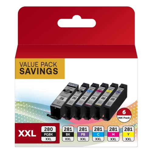 PGI-280XXL/CLI-281XXL Ink Cartridges Compatible Replacement for Canon 280 281 Ink Cartridges Use to Canon TS8120 TS9120 TS8220 TS8320 TS8300 TS8322 TS9100 6 Value Pack