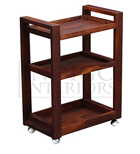 Image of Avian Solid Wood Bar and Serving Cart with Wheels- Industrial Style Rolling Storage Cabinet Trolley - Kitchen Bar Dining Room Tea Wine Rack with Wine and Bottle Holder