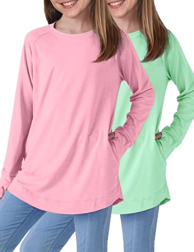 Image of Liberty Pro 2-Pack Girls' Loose Fit Long Sleeve Tunic Tops with Pockets and Thumb Holes, Casual T Shirts for Tween Kids