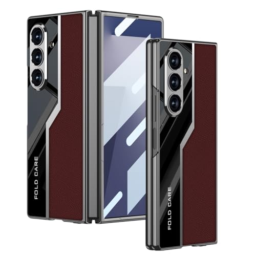 Coque Samsung Galaxy Z Fold 7 rouge en cuir galvanisé rigide avec protège-écran