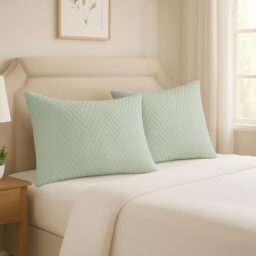 Image of RD TREND Cotton Quilted Pillow Cover Set of 2 |Ultra-Soft, Cooling & Breathable | Skin & Hair Friendly | Hidden Zipper Pillowcases for Bedroom |Standard Size 18x28 Inches, Pista Green