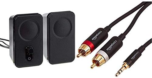 Amazon Basics Computer Speakers for Desktop or Laptop | AC-Powered & 3.5mm to 2-Male RCA Adapter Cable - 2.4m / 8 Feet