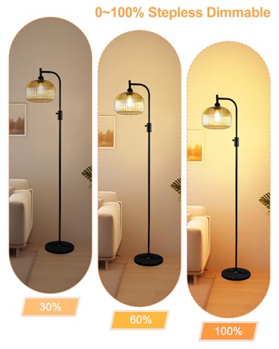 Image of Lightdot 64IN Glass Floor Lamp for Living Room, Dimmable Modern Standing Lamps with Brown Ribbed Glass Shade, Industrial Floor Lamp with Bulb Included for Bedroom /Sofa Beside /Corner Decor-Black