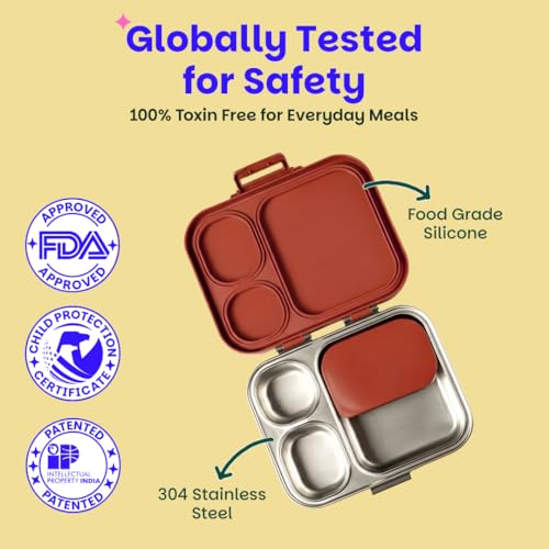 Image of Basil Bento Box Quad Plus - 3+1 Compartment Stainless Steel Lunch Box (1020ml) with BPA-Free Lid | Leak-Proof Tiffin for Kids & Adults | Premium Lunch Box for School, Office & Picnic - Tanjore Kolam