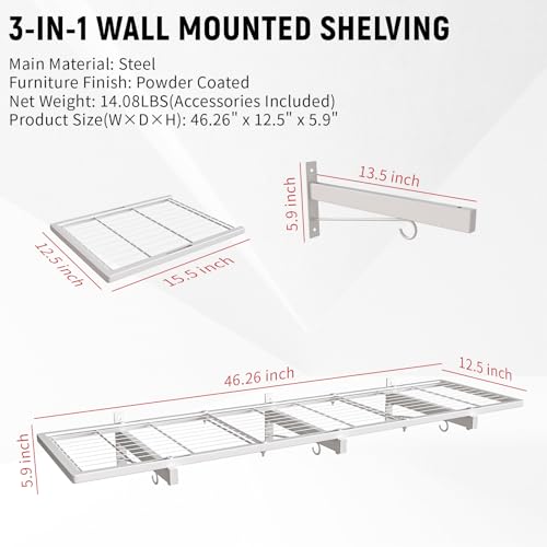 Image of 2 Pack Garage Wall Shelving, 46 inch x 12.5 inch Heavy Duty Storage Racks, Garage Shelves Wall Mounted with 8 Hooks, 320 LBS Capacity Floating Metal Shelf Organizer for Laundry Room, Basement, Workshop