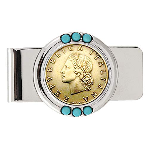 American Coin Treasures Coin Money Clip - Italian 20 Lira | Brass Moneyclip Layered in Silver-Tone Rhodium with Turquoise Stones | Holds Currency, Credit Cards, Cash | Certificate of Authenticity