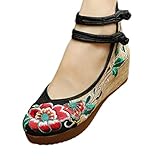 Women's Shoes Chinese Traditional Ankle Strap Lotus Flower Embroidery Shoes Floral Strappy Round Toe Platform Wedges Shoes