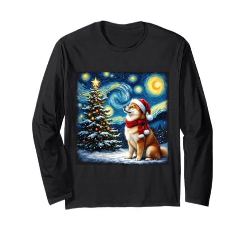 Shiba Inu Starry Night Christmas Van Gogh Dog Santa Hat Manche Longue