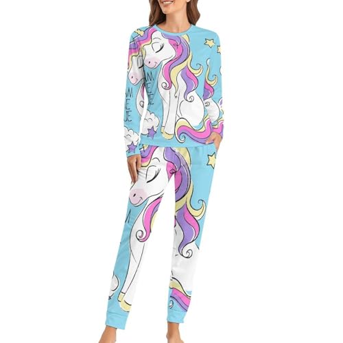 Pyjama licorne bleue pour femme avec t-shirt manches longues
