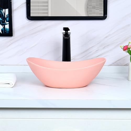 Aretes, Shoes Davivy - Fregadero ovalado de 16.9 x 10.6 pulgadas, color rosa mate con drenaje desplegable, fregadero de recipiente de baño en forma de barco, fregadero de...