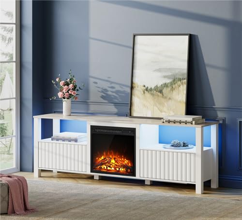 WAMPAT Electric Fireplace TV Stand for 75 Inch TV with Blue LED Light, White TV Console Table with 18 Inch Fireplace Insert, Wood Entertainment Center with Heater & Storage Cabinet, 70 Inch
