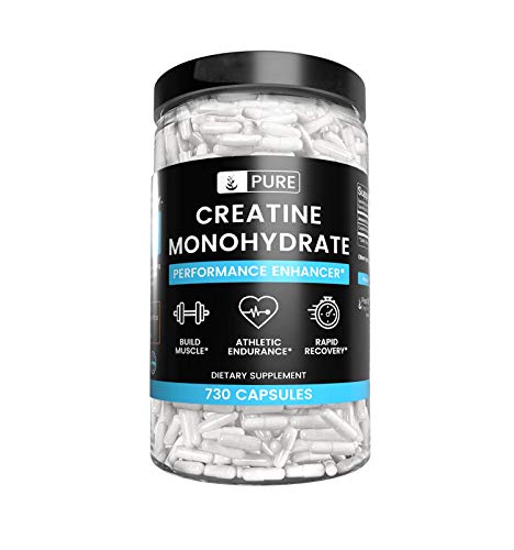 Creatine Monohydrate, 730 Capsules, 2 Month Supply, No Magnesium or Rice Filler, Gluten-Free, Potent, Made in US, 2200 mg Pure & Undiluted Creatine Monohydrate with No Additives