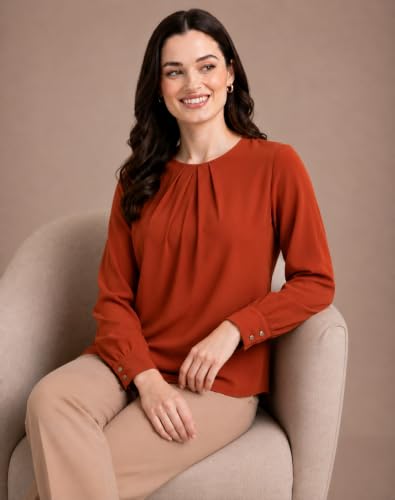 Image of Mirana Women's Full Sleeve Solid Top | Round Neck Pleated Front Regular Fit Office Casual Blouse with Button Cuffs