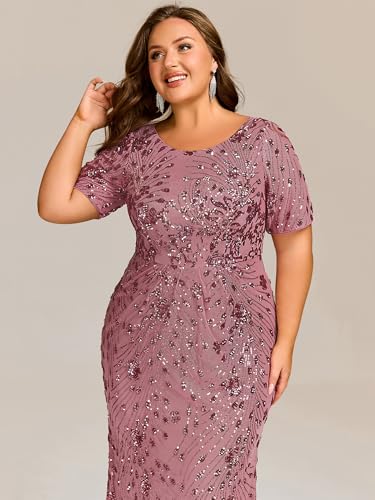 Image of Ever-Pretty Plus Women's Short Sleeves Bodycon Sequin Ball Gown Maxi Plus Size Formal Evening Dresses Vestidos De Fiesta