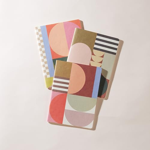 DesignWorks Ink Conjunto de 3 cadernos flexíveis costurados em sela coordenados, 15 x 20 cm, Mod Geo