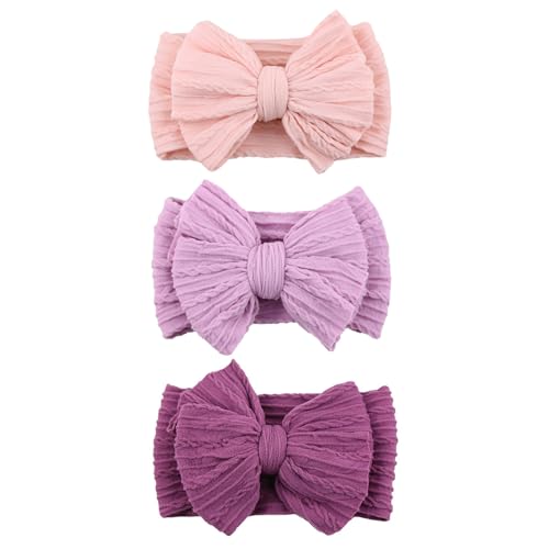 Image of chiduerm 3 Pcs Valentines Baby Bows Headbands Soft Nylon Hairbands Super Elastic Headband Hair Accessories For Baby Girls Infant Toddler Essentials (Pink Light Deep Purple, Mid)