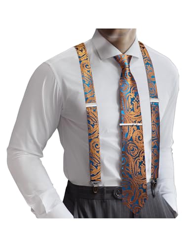 Image of Barry.Wang Men Suspender Set with Necktie Elastic Y Type Heavy Duty 6 Clips Braces Tie Handkerchief Cufflink Pin 6PCS