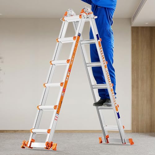 LEVELEVE A Frame 6 Step Ladder 20FT Extension Ladder with Stabilizer Bar & Wheels 330 lbs Security Load Multi Position Ladder for Stairs Home Indoor Outdoor Roof